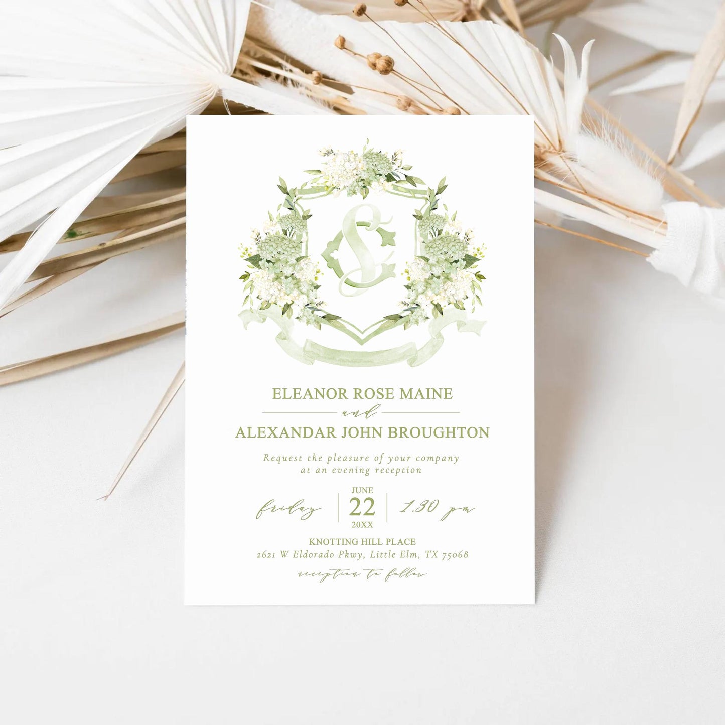 White Green Hydrangea Flower Greenery Wedding Crest - Monogram Crest - Hydrangea Floral Watercolor Wedding Crest - Romantic Wedding Crest