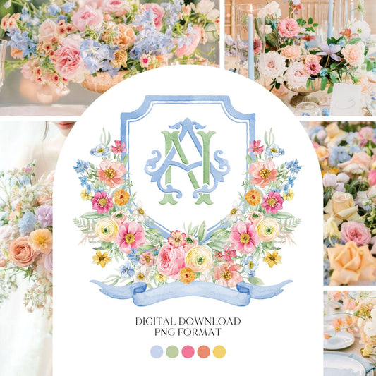 Wildflowers Bright Floral Colorful Watercolor Wedding Crest - Monogram Crest - Floral Watercolor Wedding Crest - Romantic Wedding Crest