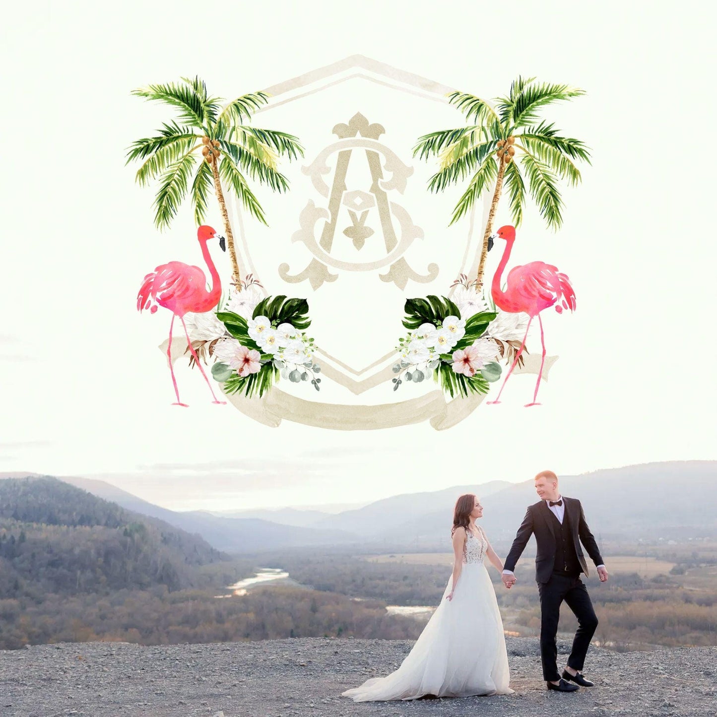 White Green Orchid Palm Tropical Flower Wedding Crest - Monogram Crest - Orchid Floral Watercolor Wedding Crest - Romantic Wedding Crest