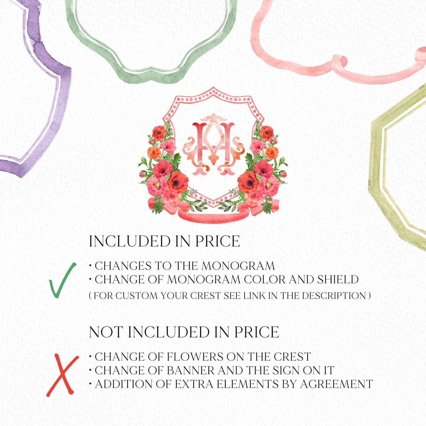 Poppy Bouquet Flower Wedding Crest - Monogram Crest - Spring Floral Floral Luxury Watercolor Wedding Crest - Romantic Wedding Crest