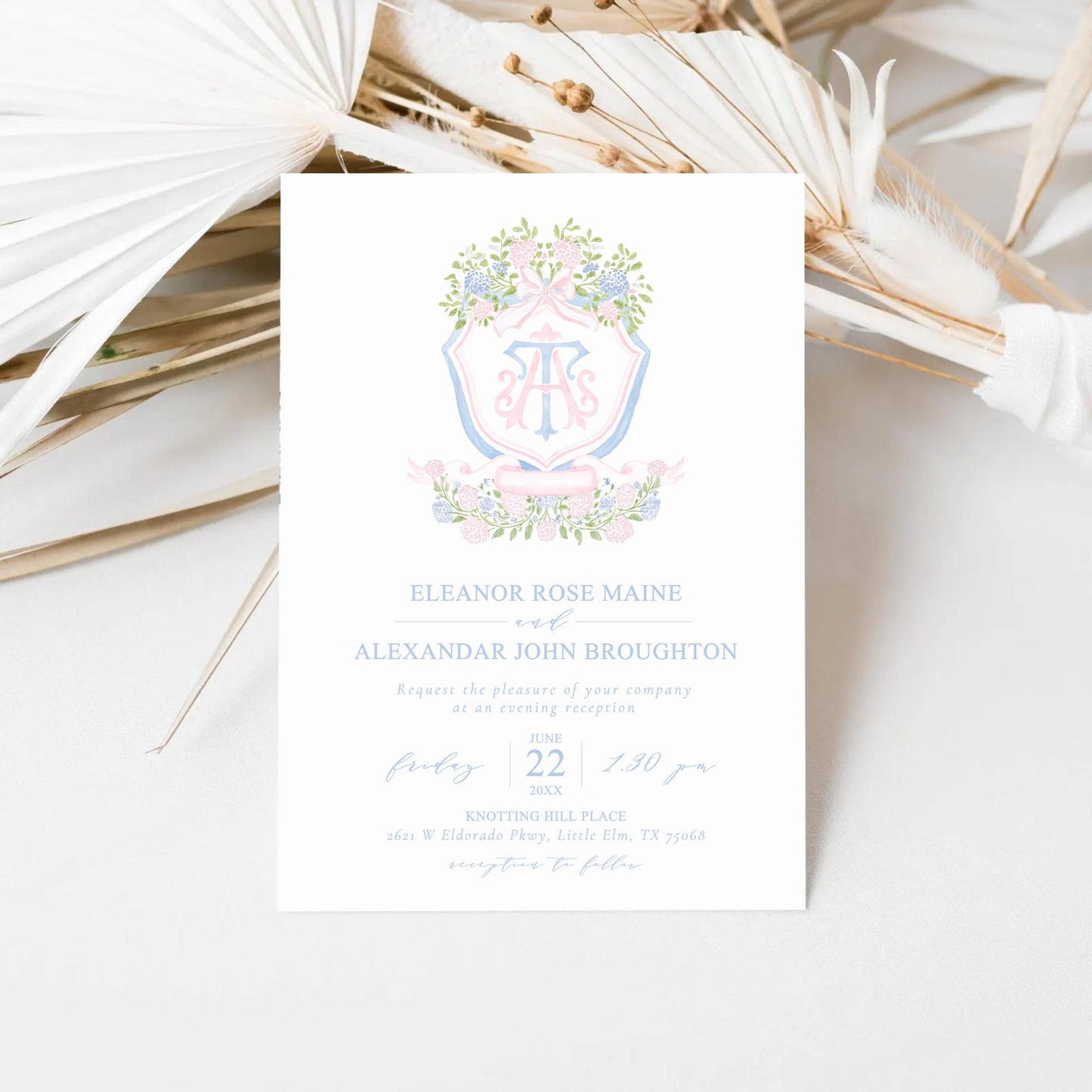 Pink Light Blue Hydrangea Flower Wedding Crest - Monogram Crest - Blue Hydrangea Floral Watercolor Wedding Crest - Romantic Wedding Crest