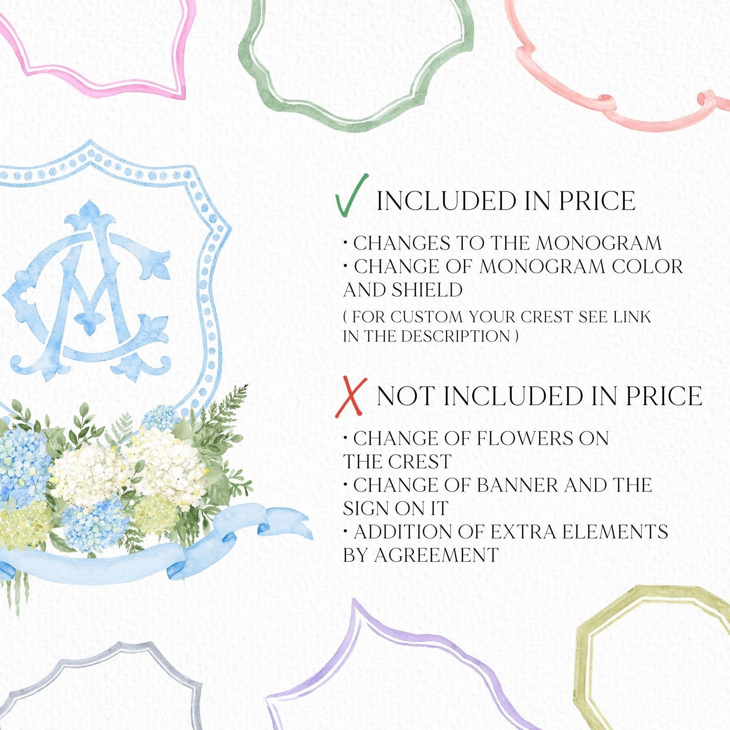 Blue Hydrangea Flower Wedding Crest - Monogram Crest - Hydrangea White Floral Luxury Watercolor Wedding Crest - Romantic Wedding Crest
