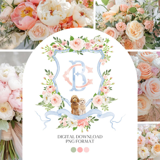 Blush Peony Floral Rustic Greenery Flower Wedding Crest - Monogram Crest - Floral Watercolor Wedding Crest - Romantic Wedding Crest