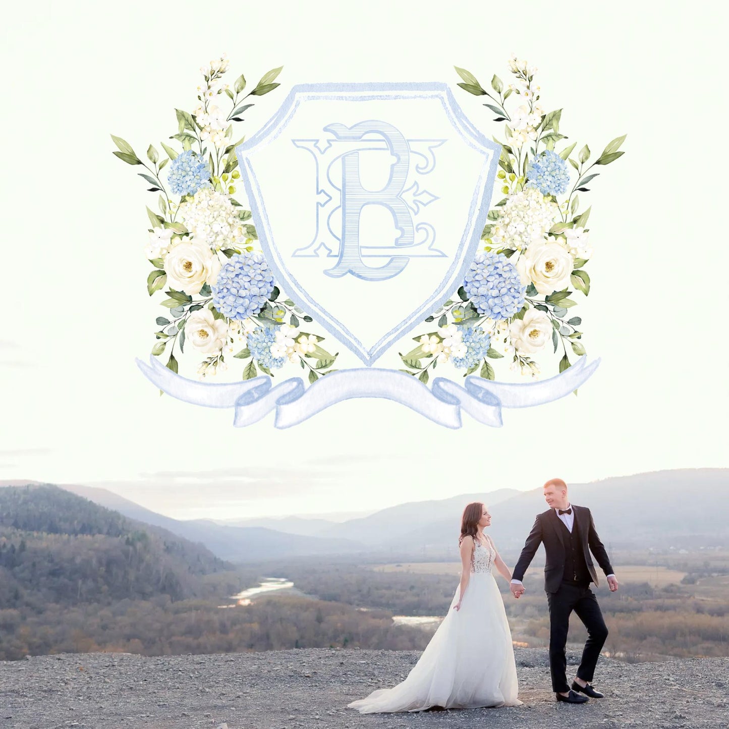 Hydrangea Flower Wedding Crest - Monogram Crest - Hydrangea Floral Luxury Watercolor Wedding Crest - Romantic Wedding Crest- Boho Hydrangea