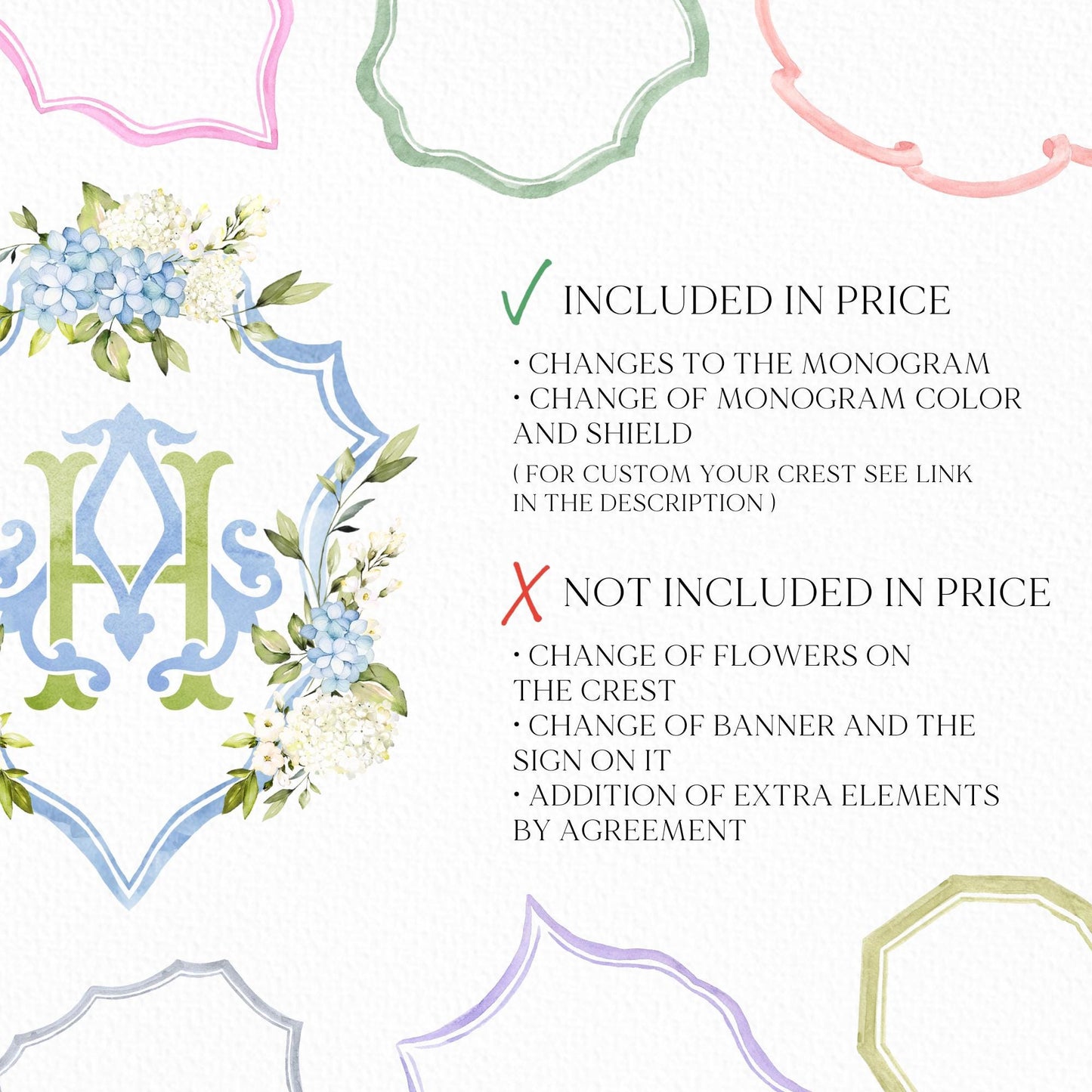 Hydrangea Flower Wedding Crest - Monogram Crest - Hydrangea Floral Luxury Watercolor Wedding Crest - Romantic Wedding Crest- Boho Hydrangea