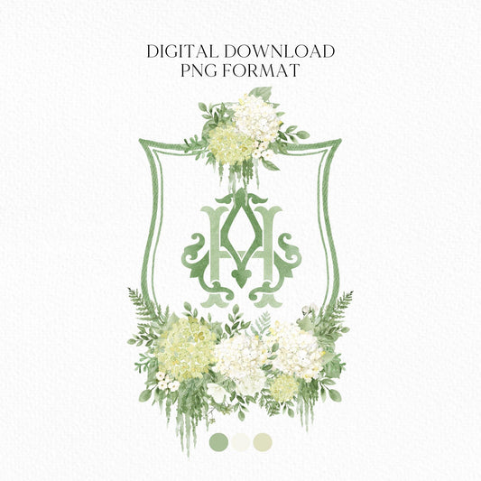 Green Hydrangea Flower Wedding Crest - Monogram Crest - Hydrangea White Floral Luxury Watercolor Wedding Crest - Romantic Wedding Crest