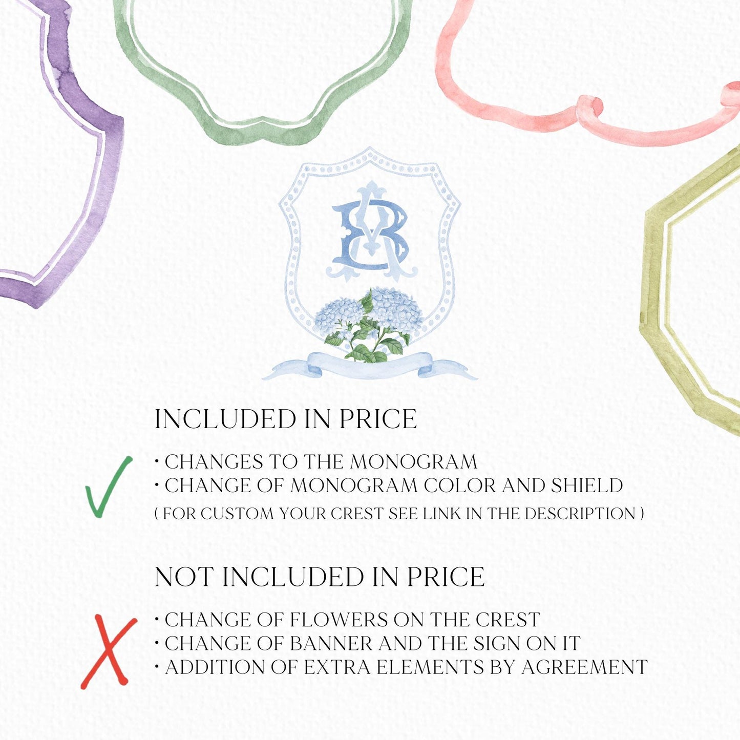 Hydrangea Blue Wedding Crest - Monogram Crest - Hydrangea Floral Luxury Watercolor Wedding Crest - Romantic Wedding Crest