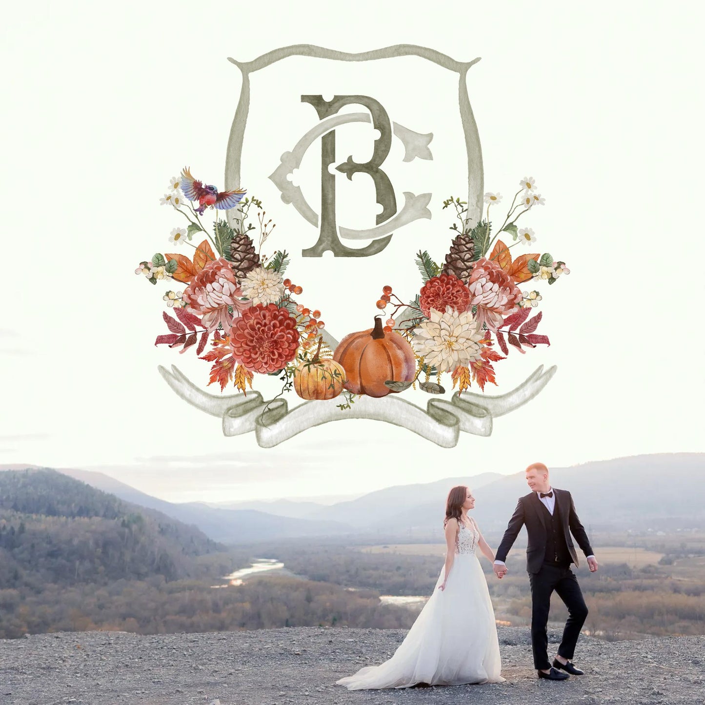 Autumn Watercolor Flower Leaf Wedding Crest - Monogram Crest - Rustic Fall Floral Luxury Watercolor Wedding Crest - Pumpkins Wedding Crest