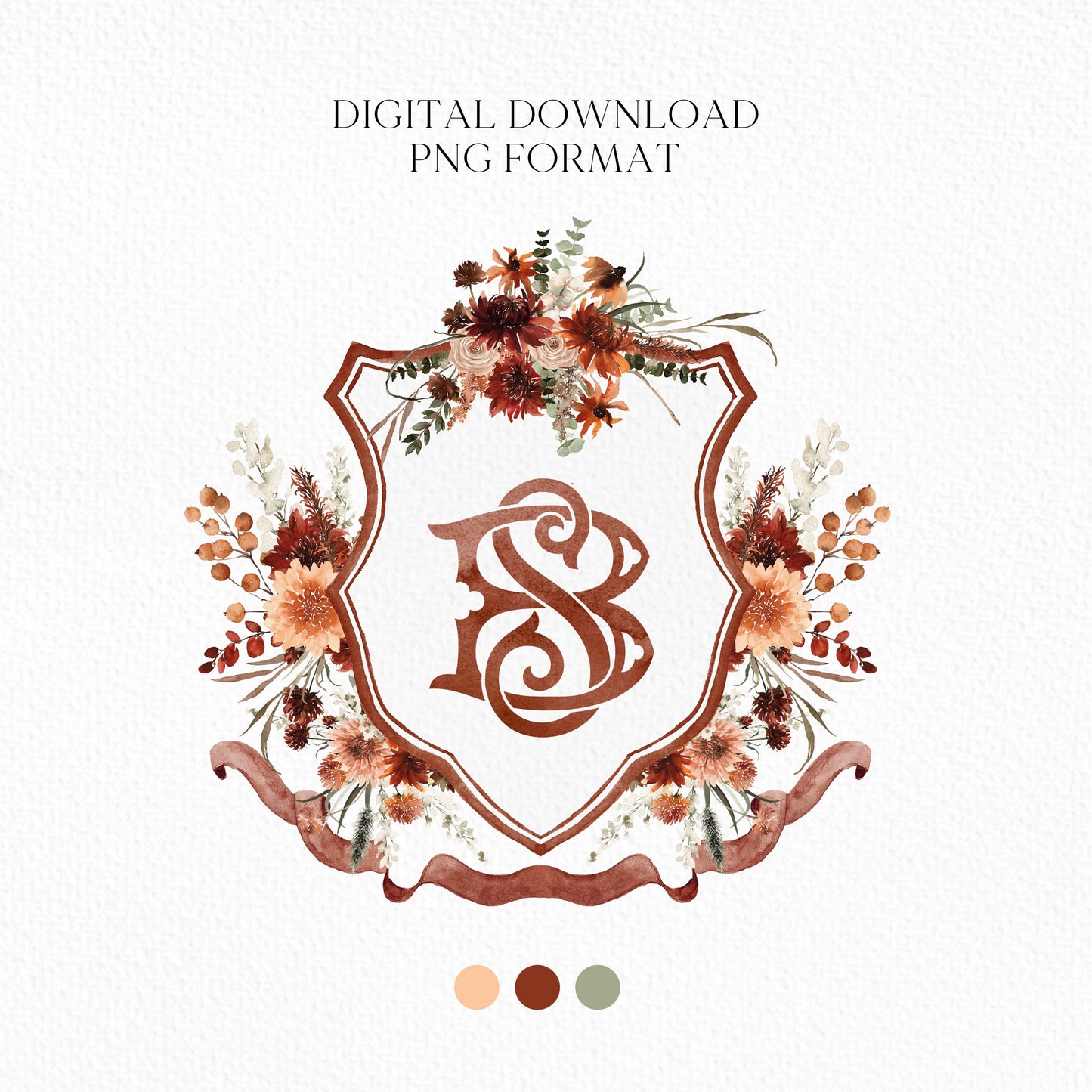 Terracotta Flower Wedding Crest - Monogram Crest - Autumn Fall Floral Luxury Watercolor Wedding Crest - Romantic Wedding Crest- Boho Fall