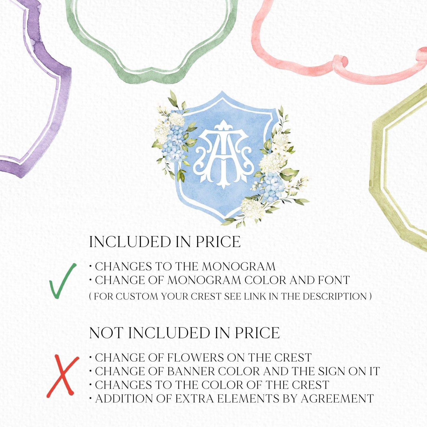 Hydrangea Flower Wedding Crest - Monogram Crest - Hydrangea Floral Luxury Watercolor Wedding Crest - Romantic Wedding Crest- Boho Hydrangea