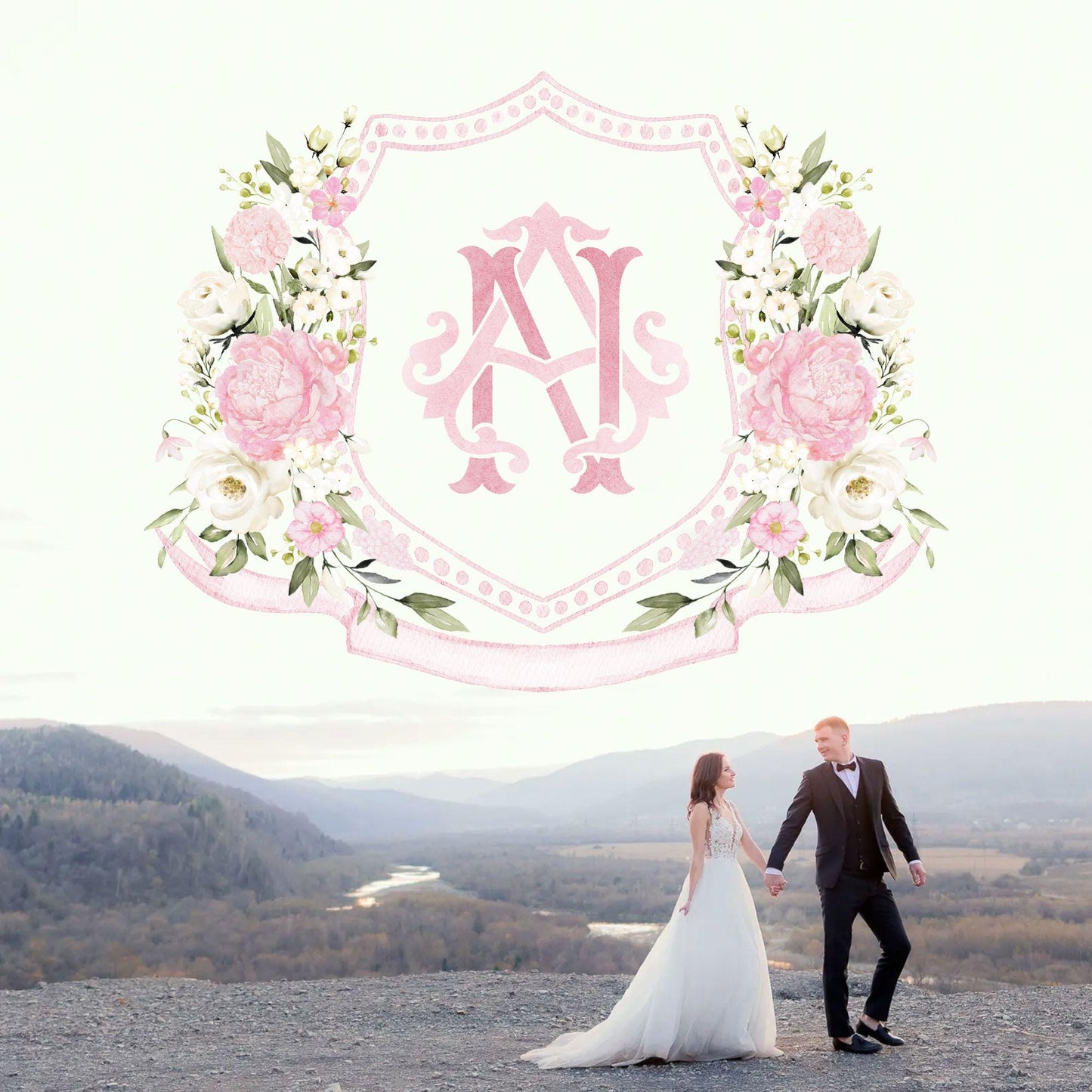 Creamy Rose Ivory Pink Peony White Flower Wedding Crest - Monogram Crest - Pink Floral Watercolor Wedding Crest - Romantic Wedding Crest