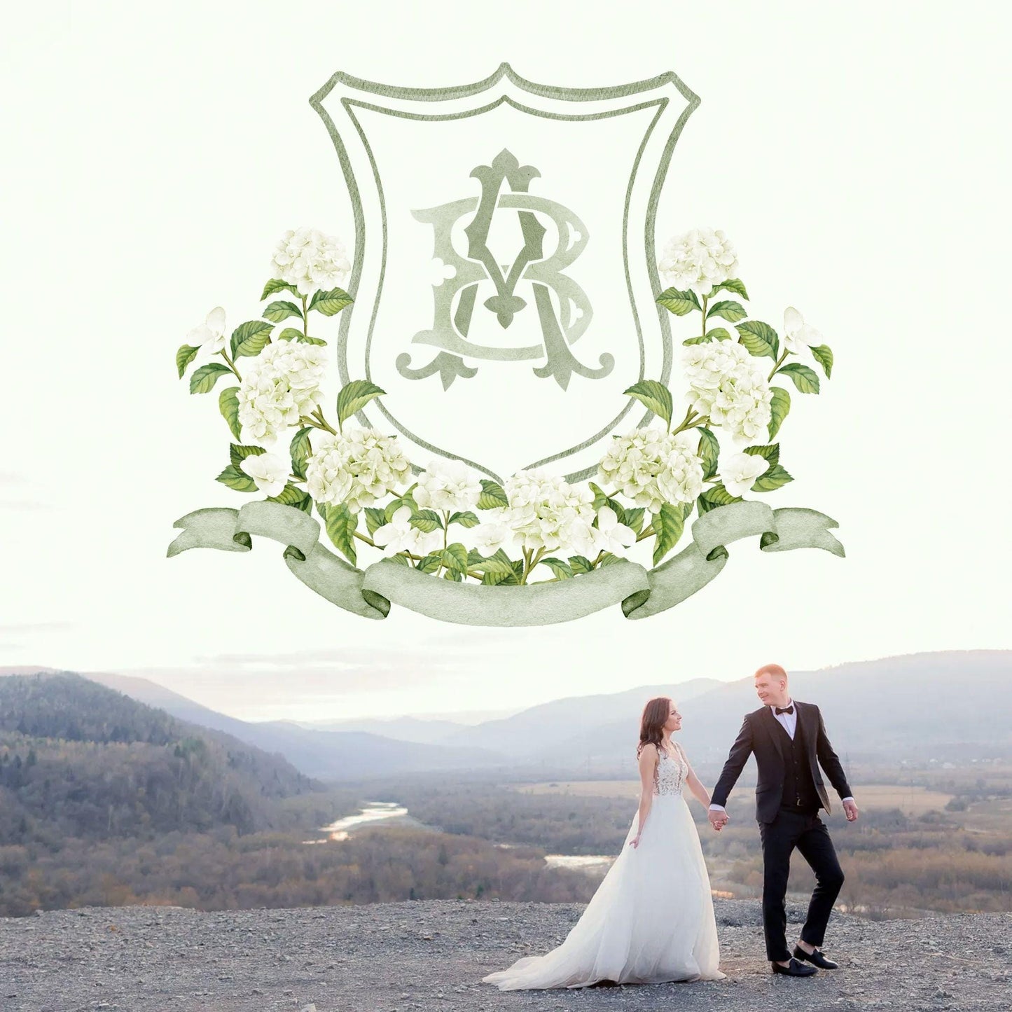 White Hydrangea Flower Wedding Crest - Monogram Crest - Hydrangea Floral Watercolor Wedding Crest - Romantic Wedding Crest - Boho Hydrangea