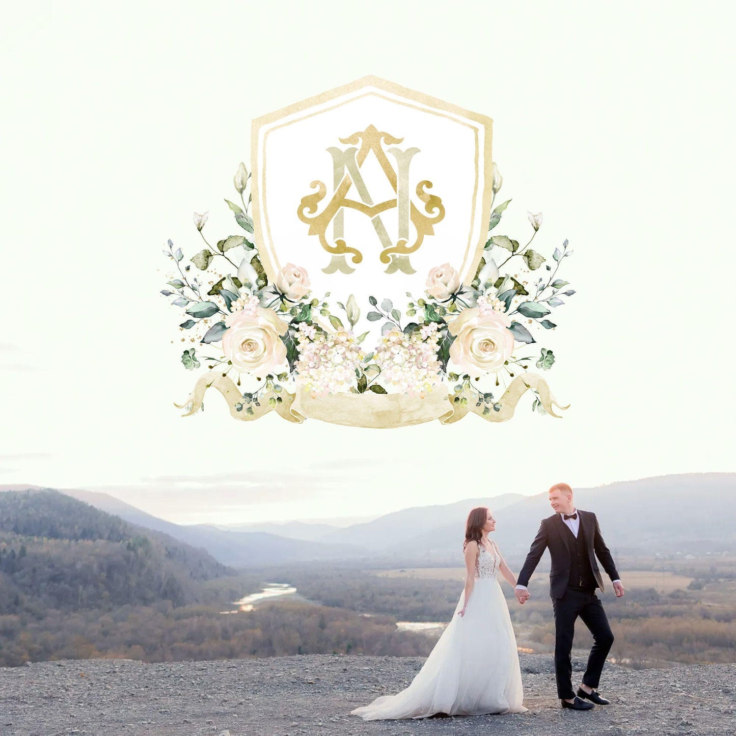 White Rose Greenery White Flower Wedding Crest - Monogram Crest - White Floral Watercolor Wedding Crest - Romantic Wedding Crest