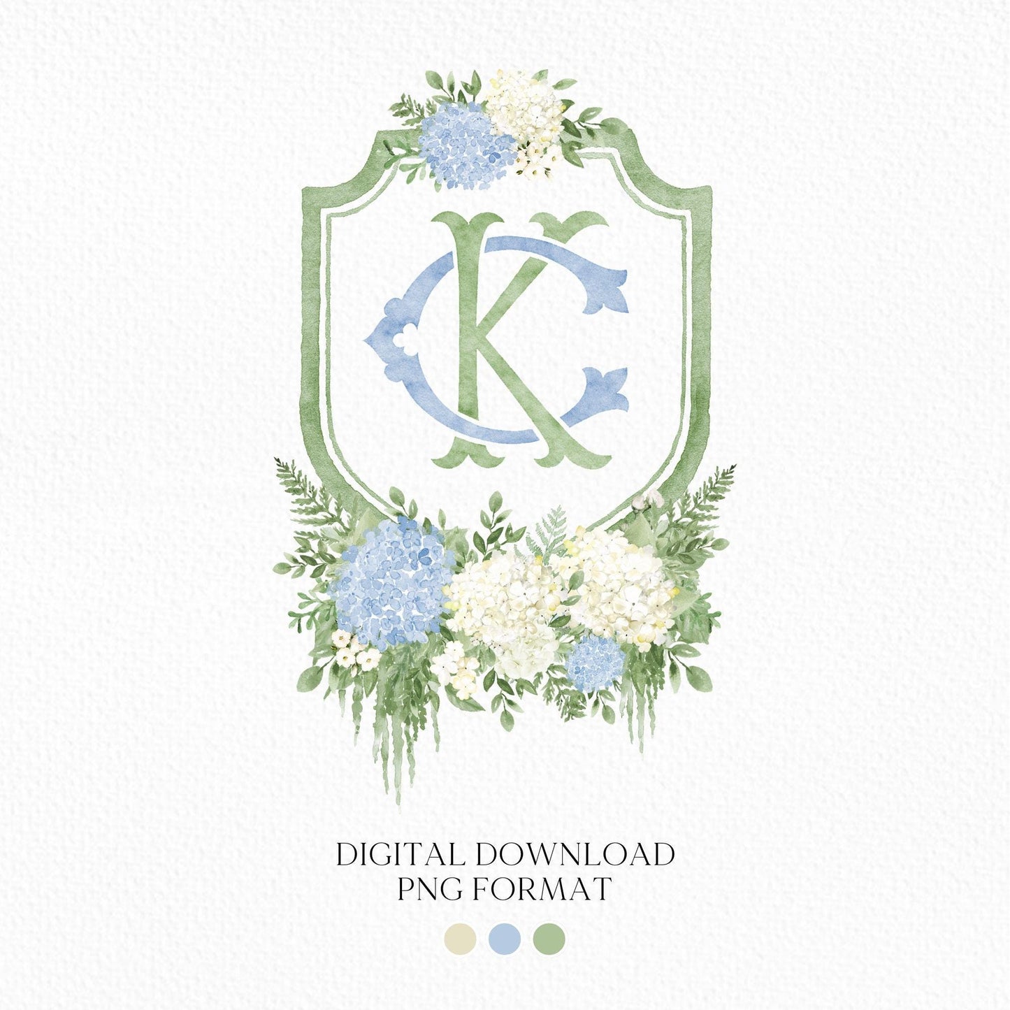 Blue Hydrangea Flower Wedding Crest - Monogram Crest - Hydrangea White Floral Luxury Watercolor Wedding Crest - Romantic Wedding Crest