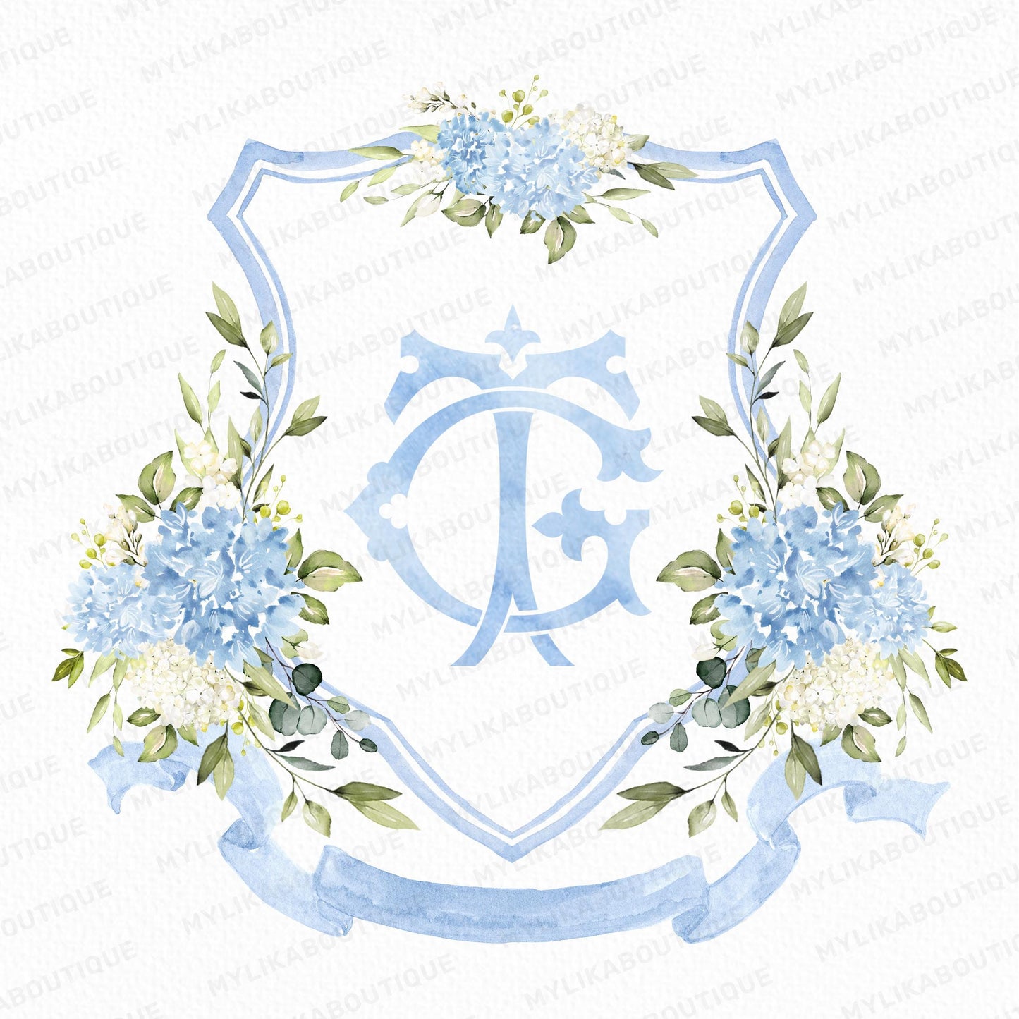 Blue and White Hydrangea Flower Wedding Crest - Monogram Crest - Hydrangea Floral Luxury Watercolor Wedding Crest - Romantic Wedding Crest