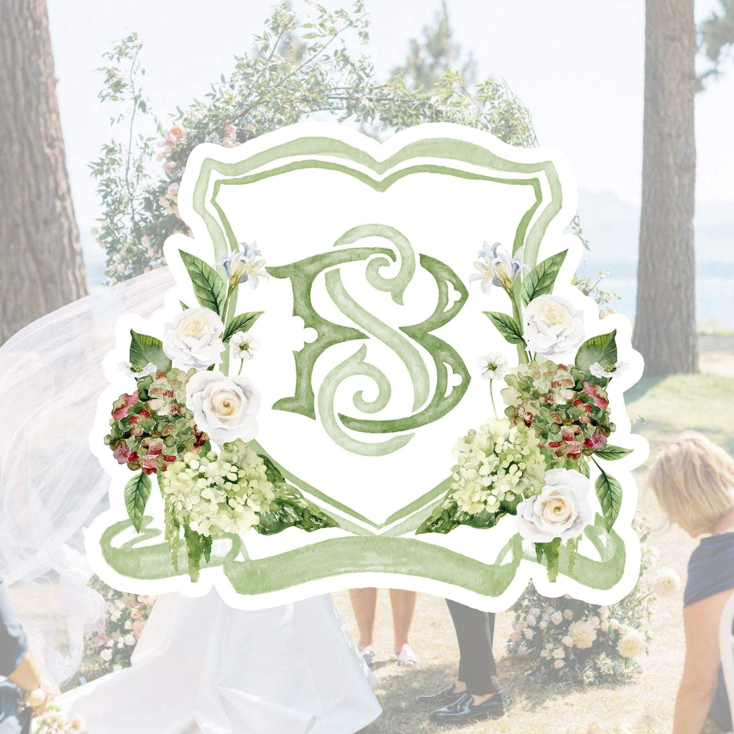 Green Hydrangea Flower Wedding Crest - Monogram Crest - Lush bright Greenery Floral Watercolor Wedding Crest - Australian Wedding Crest