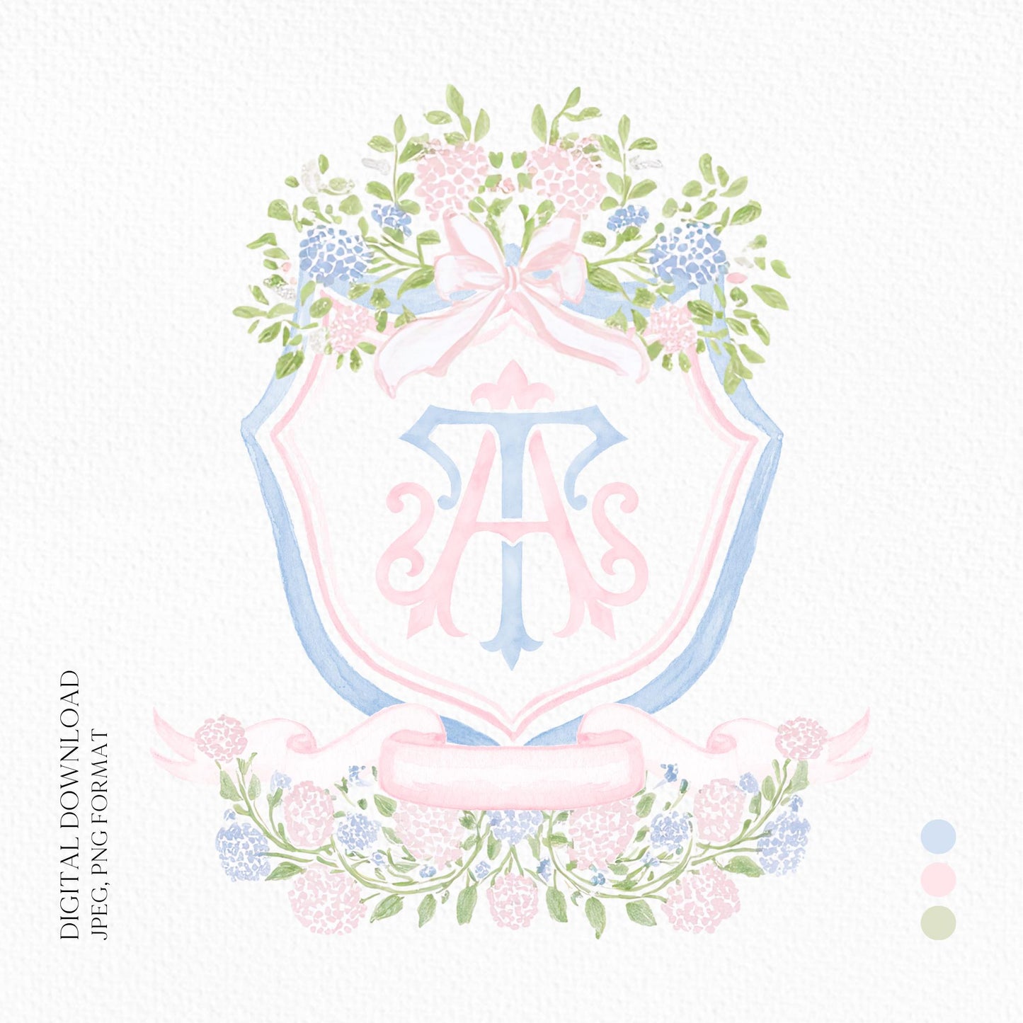 Pink Light Blue Hydrangea Flower Wedding Crest - Monogram Crest - Blue Hydrangea Floral Watercolor Wedding Crest - Romantic Wedding Crest