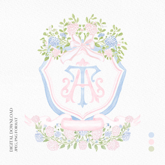 Pink Light Blue Hydrangea Flower Wedding Crest - Monogram Crest - Blue Hydrangea Floral Watercolor Wedding Crest - Romantic Wedding Crest
