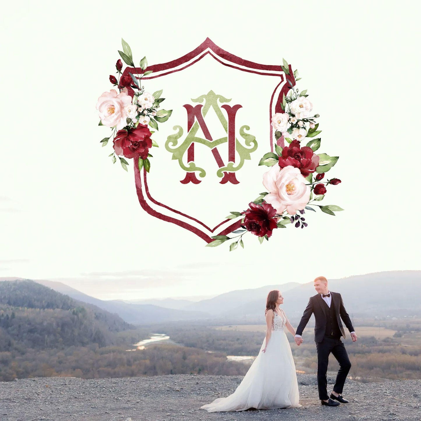 Marsala & Blush Pink Floral Rustic Greenery Flower Wedding Crest - Monogram Crest - Floral Watercolor Wedding Crest - Romantic Wedding Crest