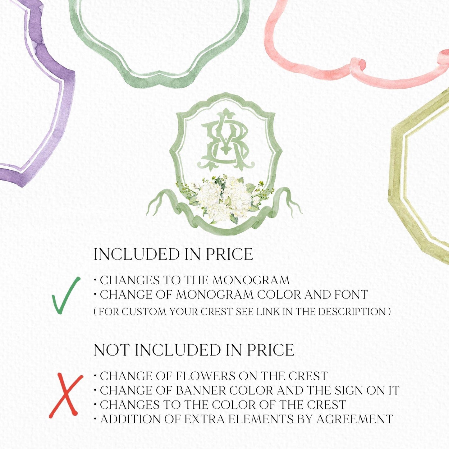 White Hydrangea Flower Greenery Wedding Crest - Monogram Crest - Hydrangea Floral Luxury Watercolor Wedding Crest - Romantic Wedding Crest