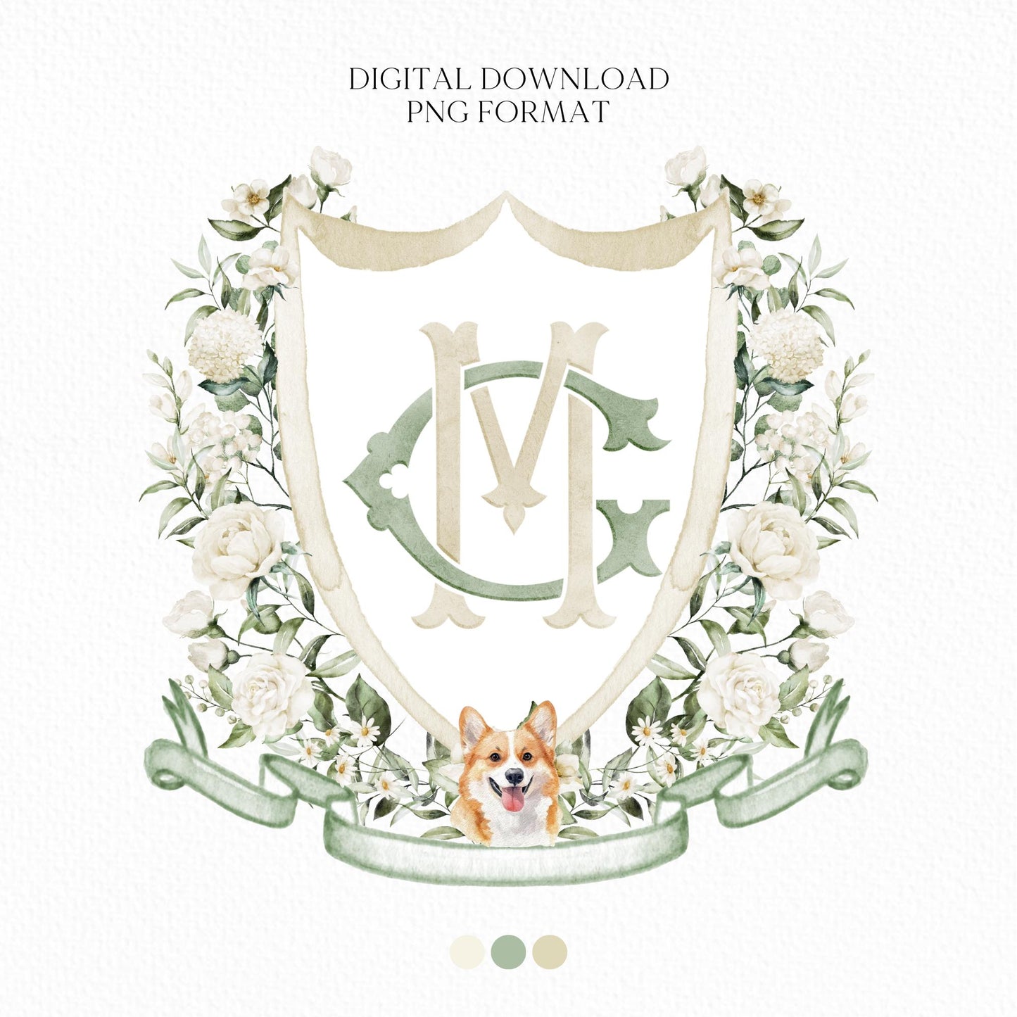Hydrangea White Rose Greenery Flower Wedding Crest - Monogram Crest - Hydrangea White Floral Watercolor Wedding Crest Romantic Wedding Crest