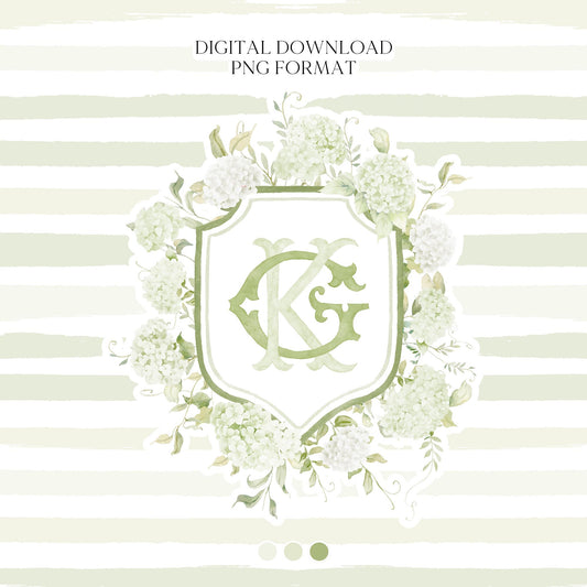 Light Green Hydrangea Flower Wedding Crest - Monogram Crest - Hydrangea White Floral Luxury Watercolor Wedding Crest