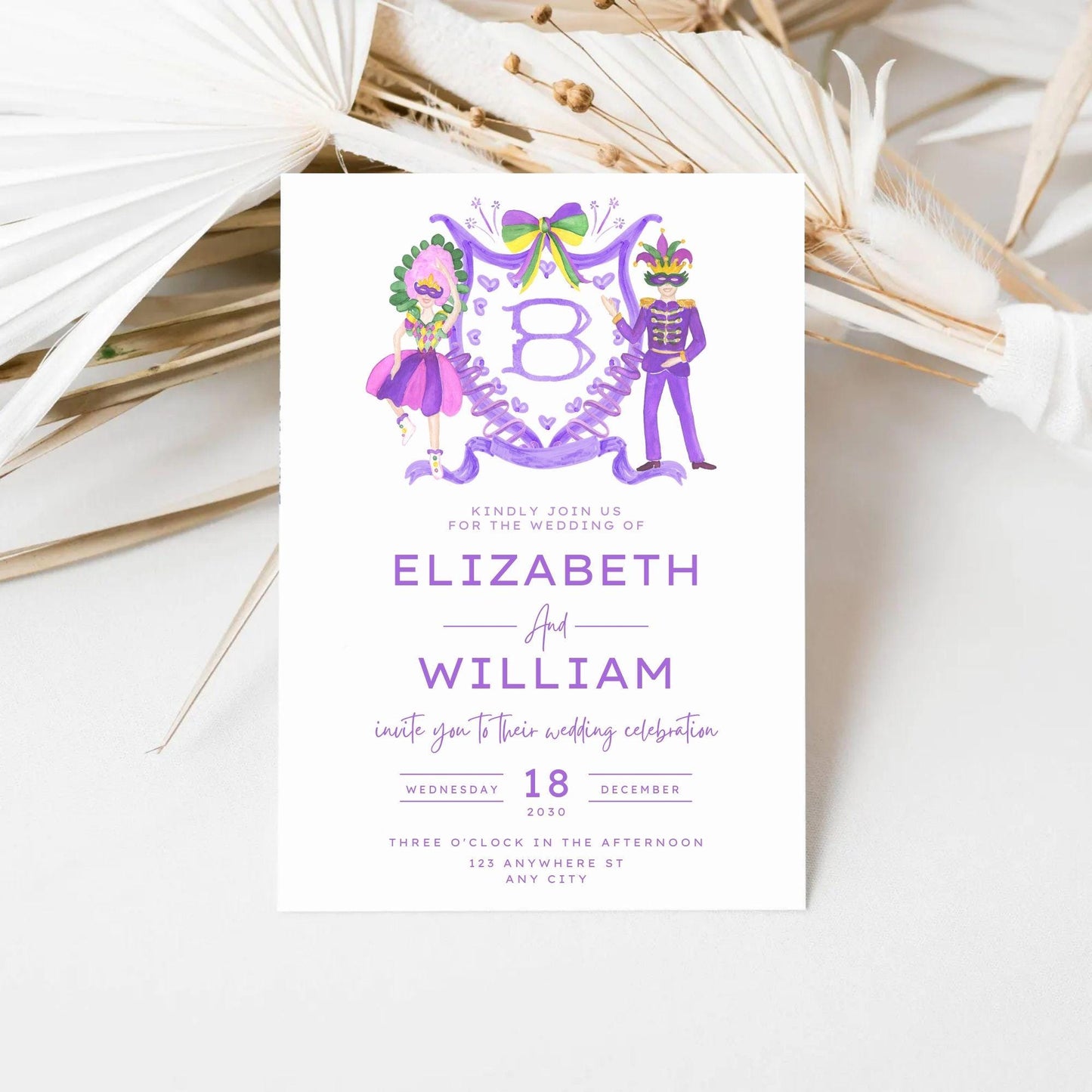 Mardi Gras New Orleans Crest Watercolor Wedding Crest - Monogram Crest - Mardi Gras Watercolor Wedding Crest Romantic Wedding Crest