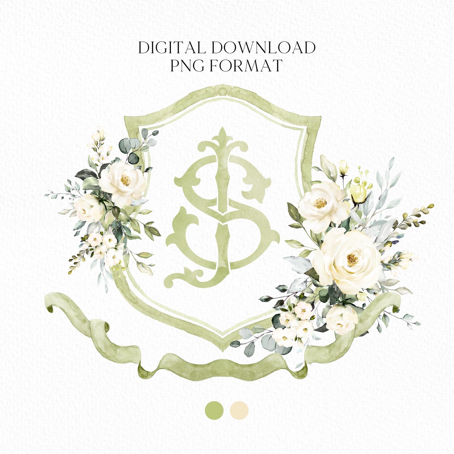 Creamy Rose Ivory Greenery Gold Flower Wedding Crest - Monogram Crest - Floral Luxury Watercolor Wedding Crest - Romantic Wedding Crest