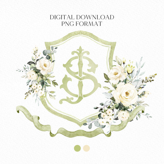 Creamy Rose Ivory Greenery Gold Flower Wedding Crest - Monogram Crest - Floral Luxury Watercolor Wedding Crest - Romantic Wedding Crest