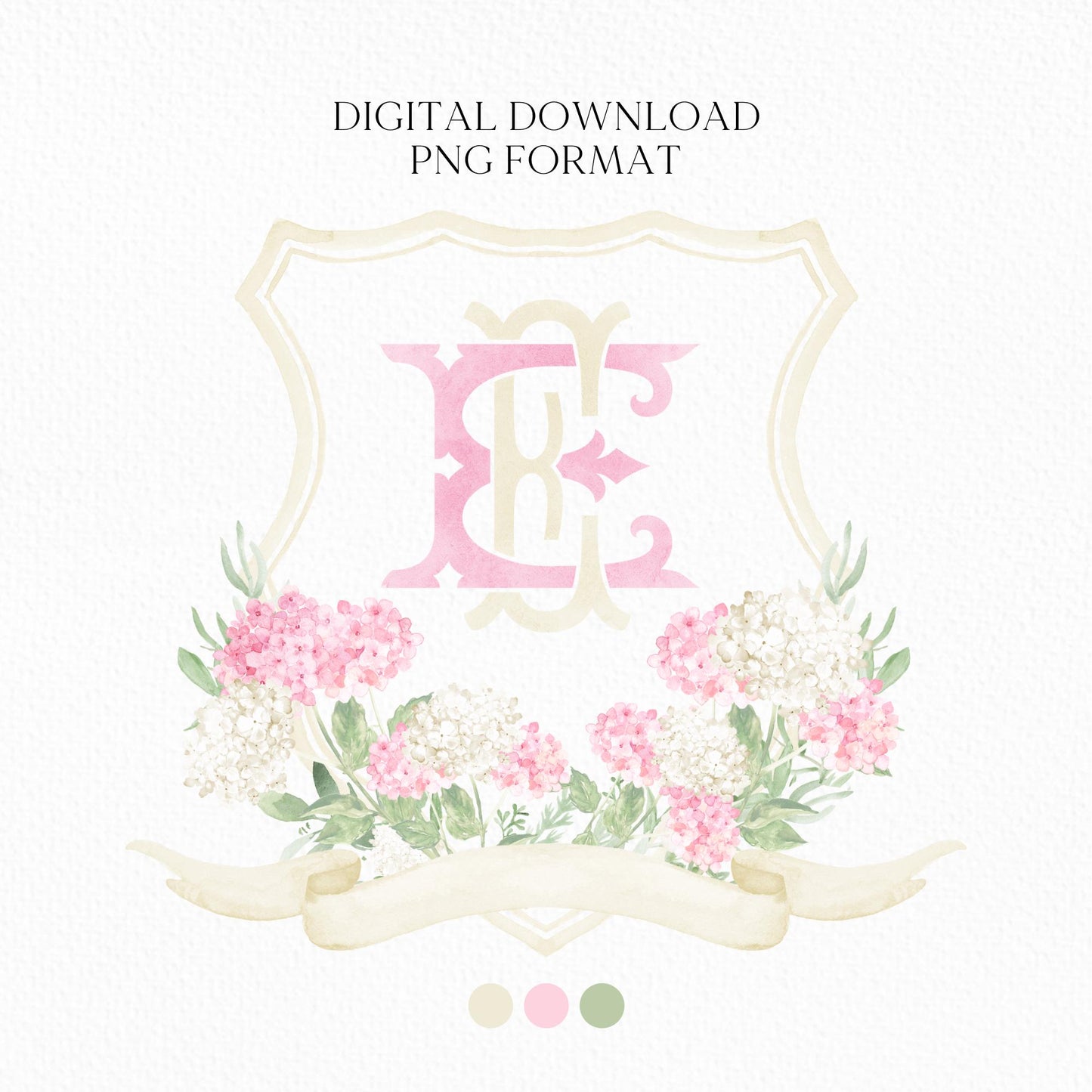 Pink White Hydrangea Flower Wedding Crest - Monogram Crest - Hydrangea Pink Floral Luxury Watercolor Wedding Crest - Romantic Wedding Crest