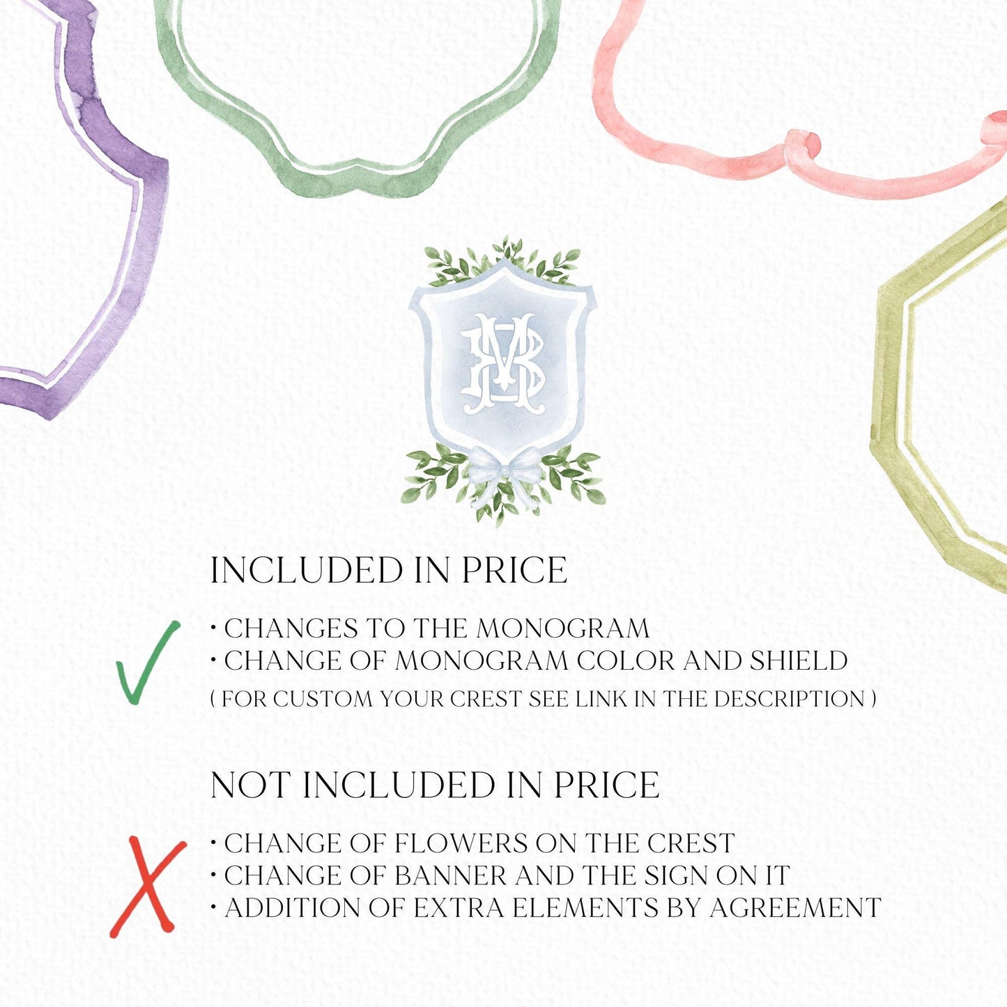 Watercolor Classic Eucalyptus Ribbon Flower Wedding Crest - Monogram Crest -  Luxury Watercolor Wedding Crest - Romantic Wedding Crest