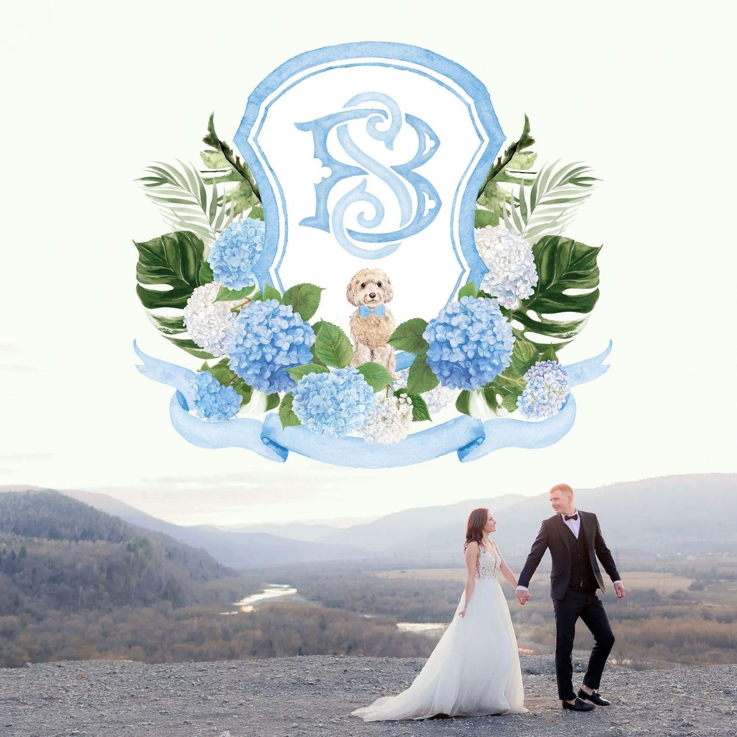 Hydrangea Flower Wedding Crest - Monogram Crest - Hydrangea Floral Luxury Watercolor Wedding Crest - Romantic Wedding Crest- Boho Hydrangea