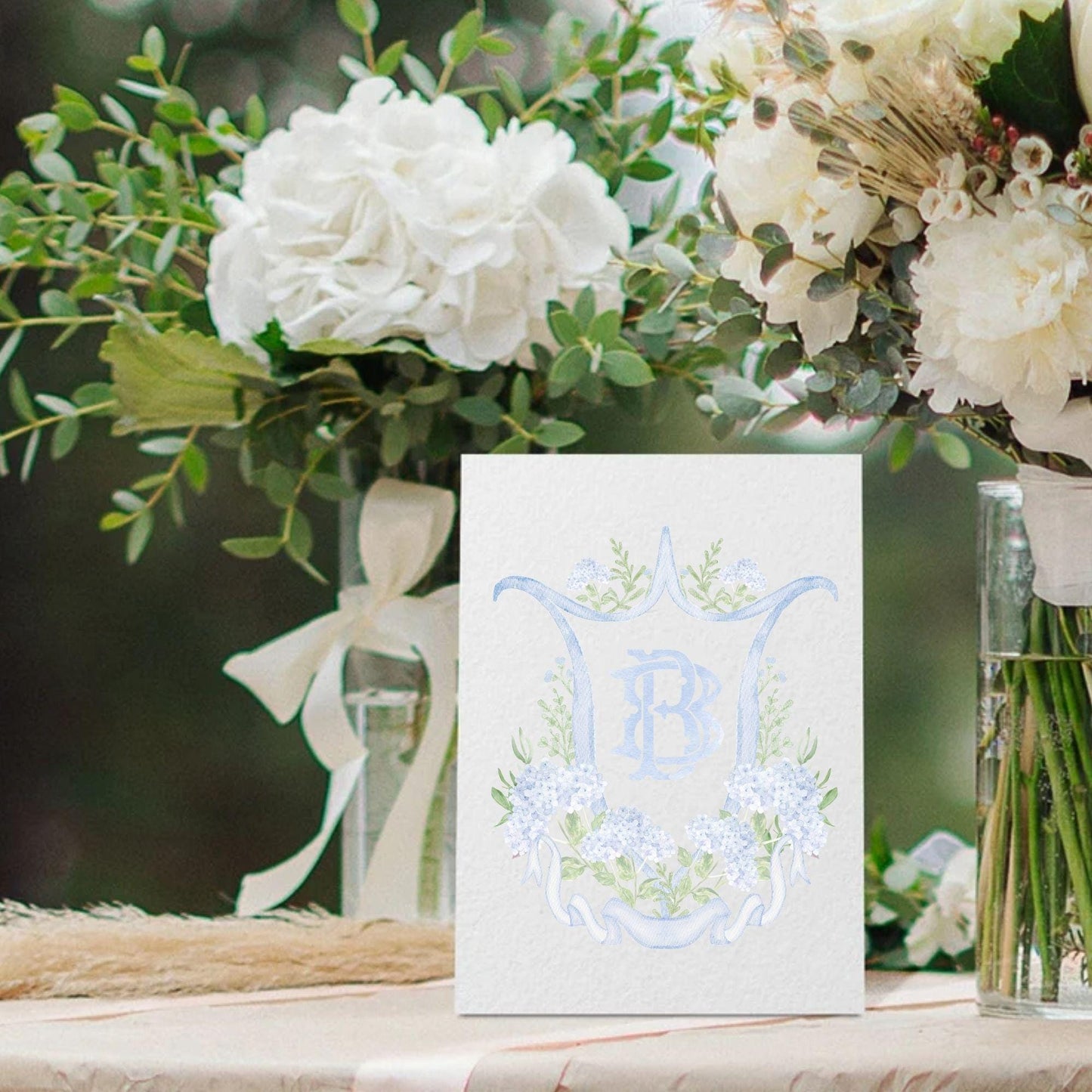 Blue Hydrangea Flower Wedding Crest - Monogram Crest - Hydrangea Light Blue Floral Luxury Watercolor Wedding Crest - Romantic Wedding Crest