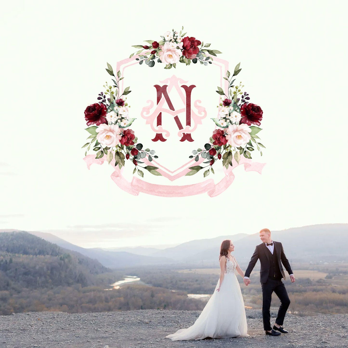 Marsala & Blush Pink Floral Rustic Greenery Flower Wedding Crest - Monogram Crest - Floral Watercolor Wedding Crest - Romantic Wedding Crest