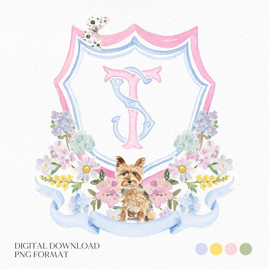soft watercolor Tones Flower Wedding Crest Watercolor - Monogram Crest - Bright Floral Watercolor Wedding Crest - Romantic Wedding Crest