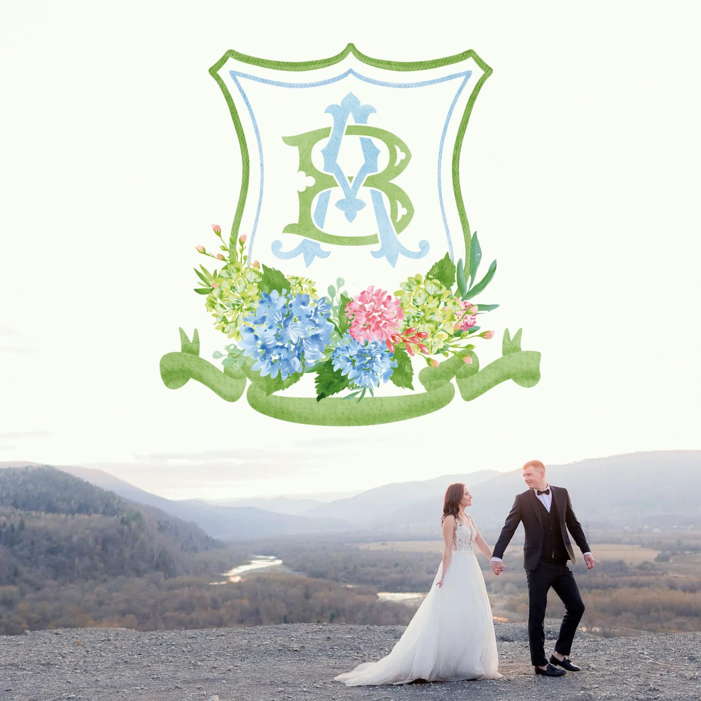 Hydrangea Blue Pink Wedding Crest - Monogram Crest - Hydrangea Green Floral Luxury Watercolor Wedding Crest - Romantic Wedding Crest
