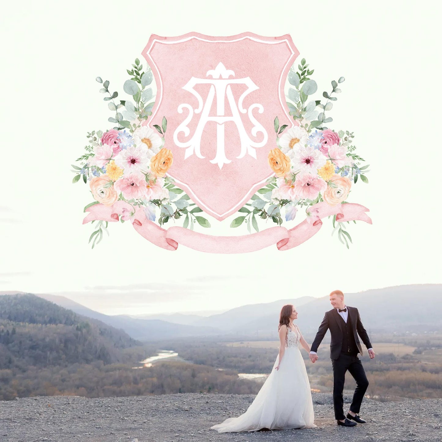 Wildflower Prink Spring Flower Wedding Crest - Monogram Crest - Wildflower bohemian Floral Watercolor Wedding Crest - Romantic Wedding Crest
