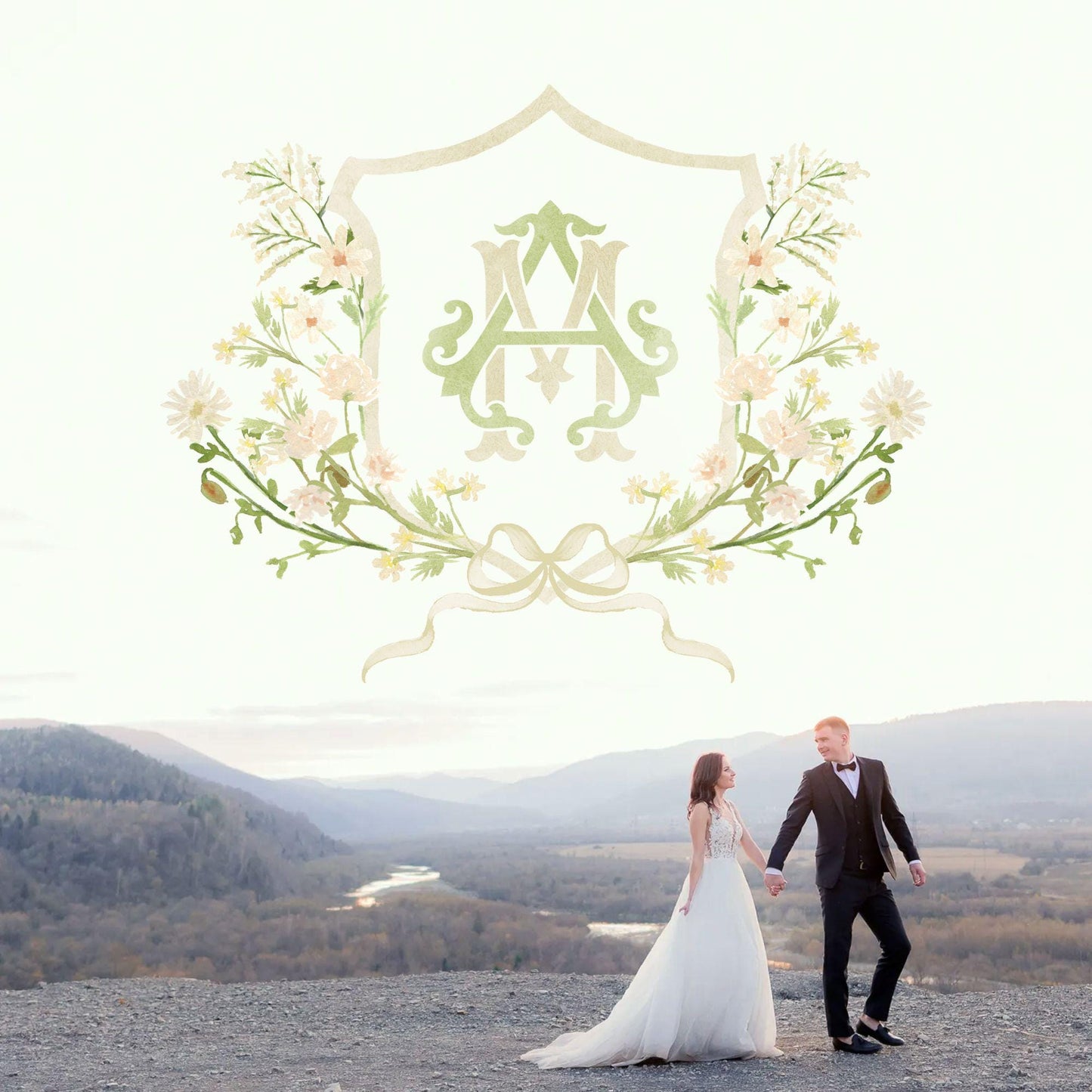 White WildFlower Wedding Crest - Monogram Crest - WildFlower Floral Luxury Watercolor Wedding Crest - Romantic Wedding Crest