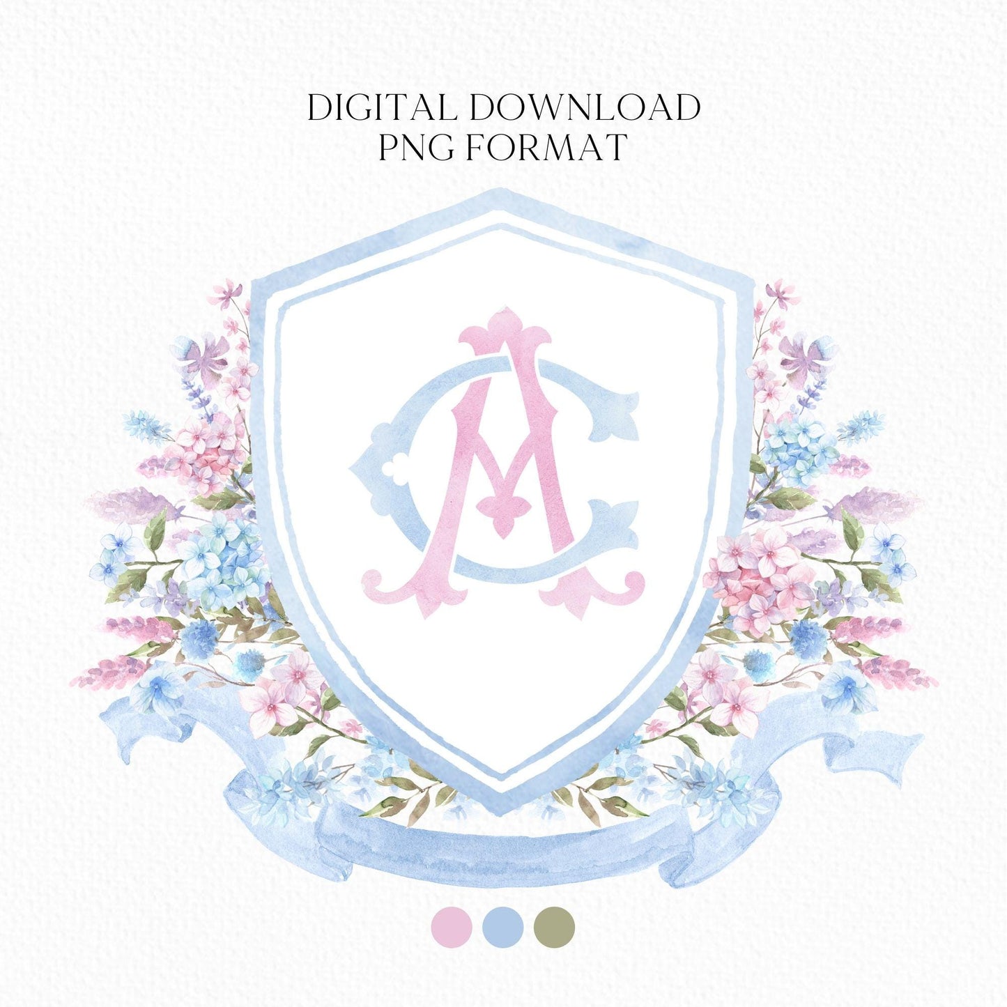 Pink Blue Hydrangea Flower Wedding Crest - Monogram Crest - Hydrangea Floral Luxury Watercolor Wedding Crest - Romantic Wedding Crest