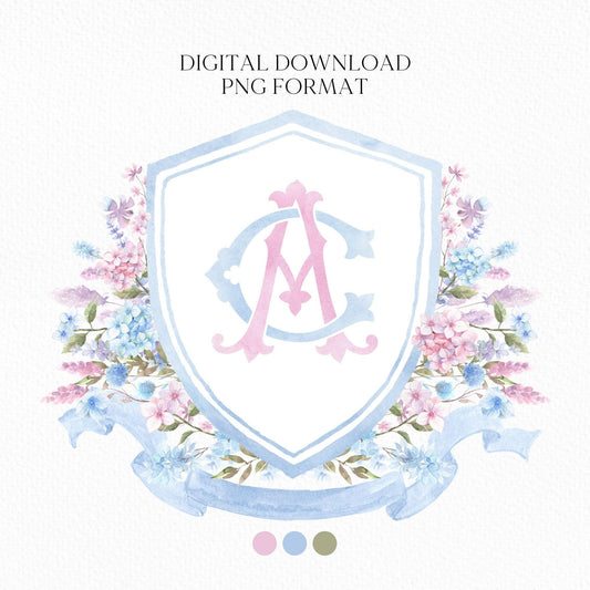 Pink Blue Hydrangea Flower Wedding Crest - Monogram Crest - Hydrangea Floral Luxury Watercolor Wedding Crest - Romantic Wedding Crest