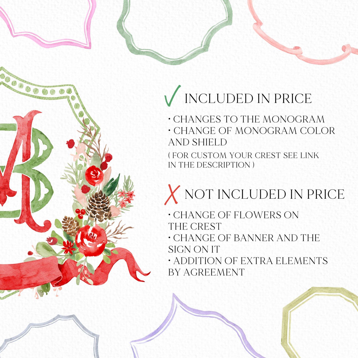 Custom Monogram Christmas Wedding Crest - Rose Hips Floral Watercolor - Winter Christmas Watercolors Crests
