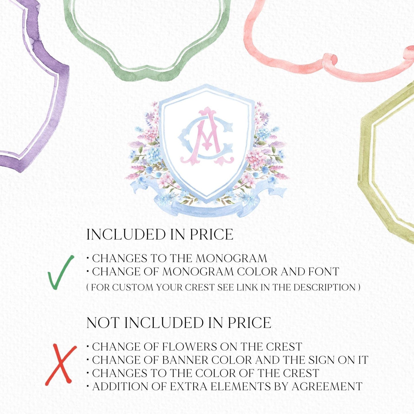 Pink Blue Hydrangea Flower Wedding Crest - Monogram Crest - Hydrangea Floral Luxury Watercolor Wedding Crest - Romantic Wedding Crest