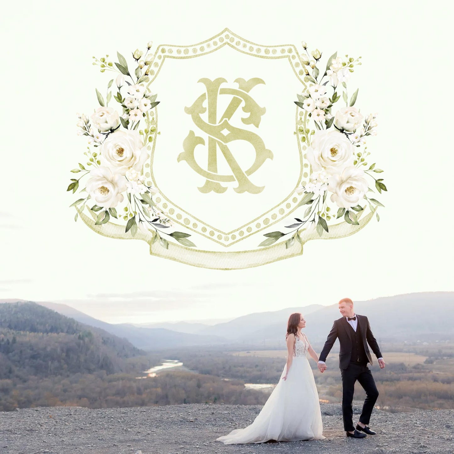Creamy Rose Ivory Greenery White Flower Wedding Crest - Monogram Crest - White Floral Watercolor Wedding Crest - Romantic Wedding Crest