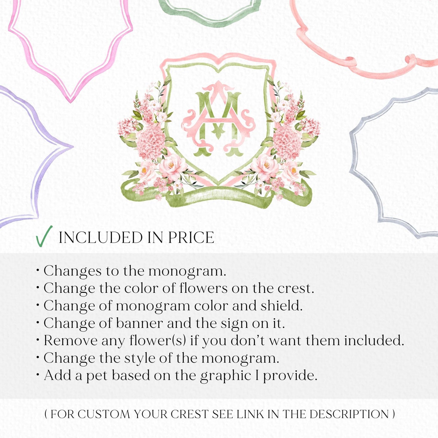 Hydrangea Blush Pink Rose Flower Wedding Crest - Monogram Crest - Pink Hydrangea Floral Luxury Watercolor Wedding Crest