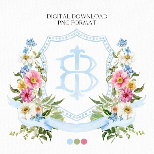 Wildflowers Bright Floral Colorful Watercolor Wedding Crest - Monogram Crest - Floral Watercolor Wedding Crest - Romantic Wedding Crest