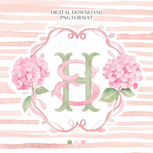 Pink Hydrangea Flower Wedding Crest - Monogram Crest - Hydrangea Floral Luxury Watercolor Wedding Crest - Romantic Wedding Crest