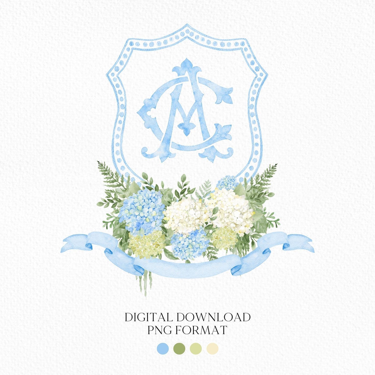 Blue Hydrangea Flower Wedding Crest - Monogram Crest - Hydrangea White Floral Luxury Watercolor Wedding Crest - Romantic Wedding Crest