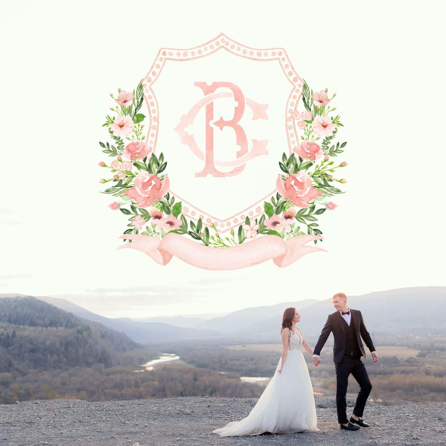 Watercolor Blush Pink Flower Wedding Crest - Monogram Crest - Floral Luxury Watercolor Wedding Crest - Romantic Wedding Crest