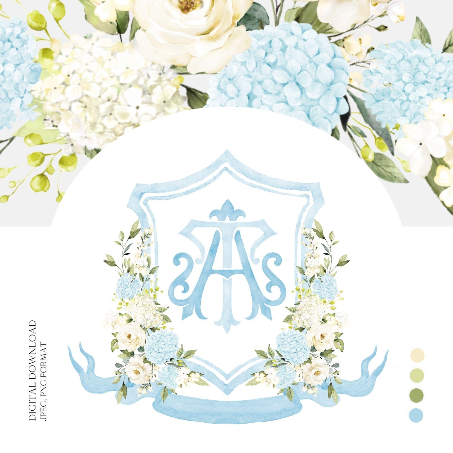 Light Blue Hydrangea Flower Wedding Crest - Monogram Crest - Roses Floral Luxury Watercolor Wedding Crest - Romantic Wedding Crest
