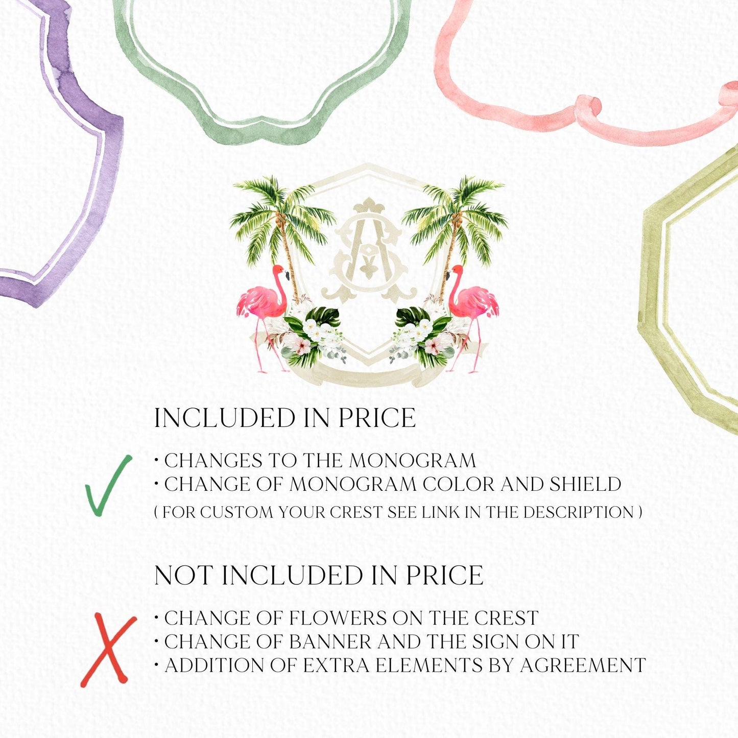 White Green Orchid Palm Tropical Flower Wedding Crest - Monogram Crest - Orchid Floral Watercolor Wedding Crest - Romantic Wedding Crest